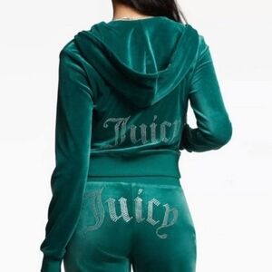 Juicy Couture Velour Tracksuit Set Womens Size L Pine Green Rhinestone Logo NWT